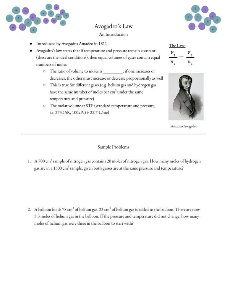 Avogadro Handout 8 Download Free PDF Gases Mole (Unit)