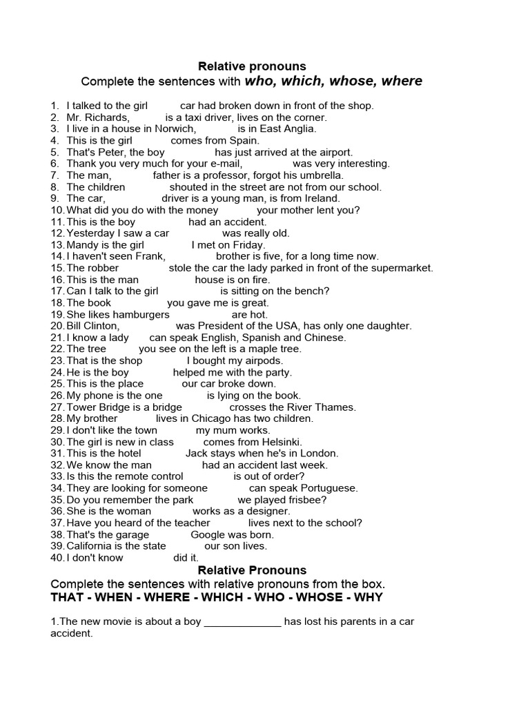 Relative Pronouns Basic Exercises | PDF | Mystery, Thriller & Crime Fiction