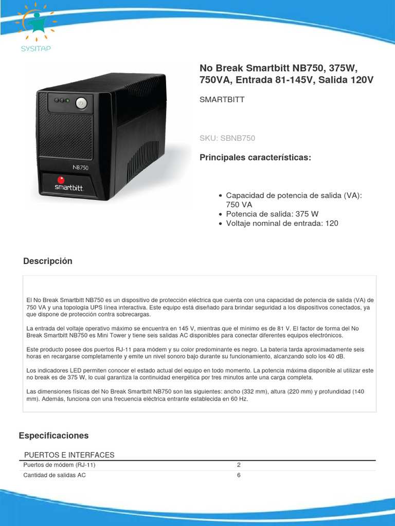 No Break Smartbitt NB750: 375W, 750VA | PDF | Diodo emisor de luz | Decibel