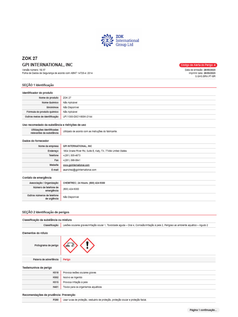 Folha de Dados de Segurança ZOK 27 | PDF | Olho | Química