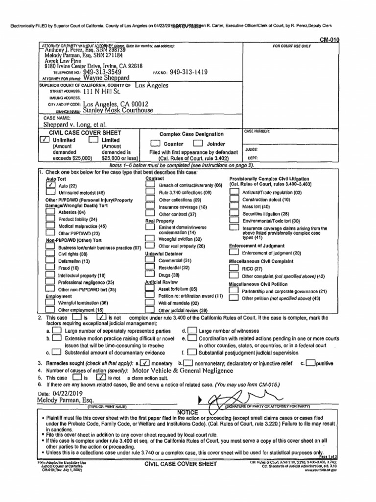 Civil Case Cover Sheet | PDF