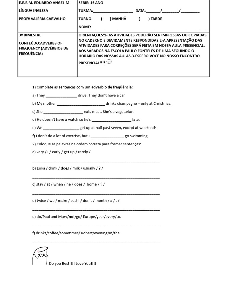 1 Atividade Remota de Inglês 1º Ano | PDF