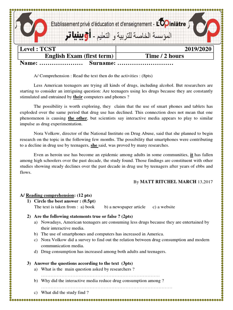 Dzexams 1as Anglais 615661 PDF Grammar Syntax