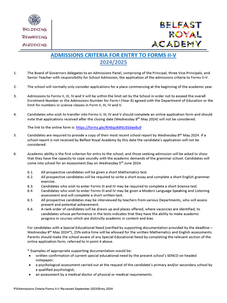Admissions Criteria Forms II-V 2024 | PDF | Special Education