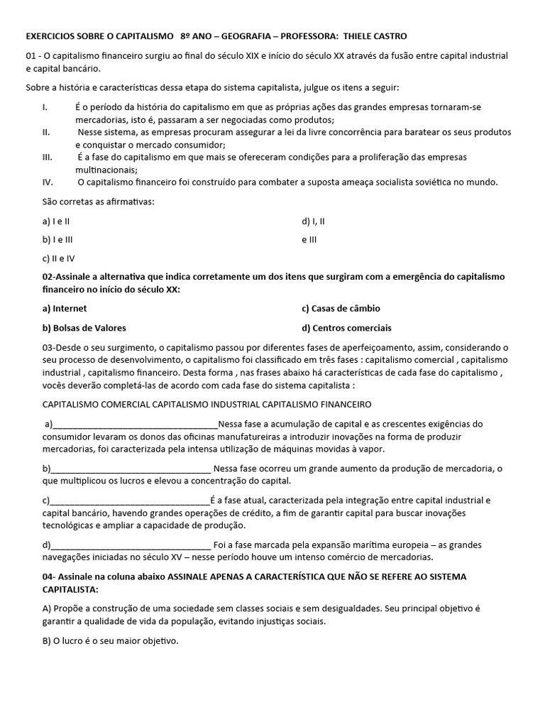 Exercícios sobre Capitalismo - 8º Ano | PDF | Capitalismo | Corporação ...