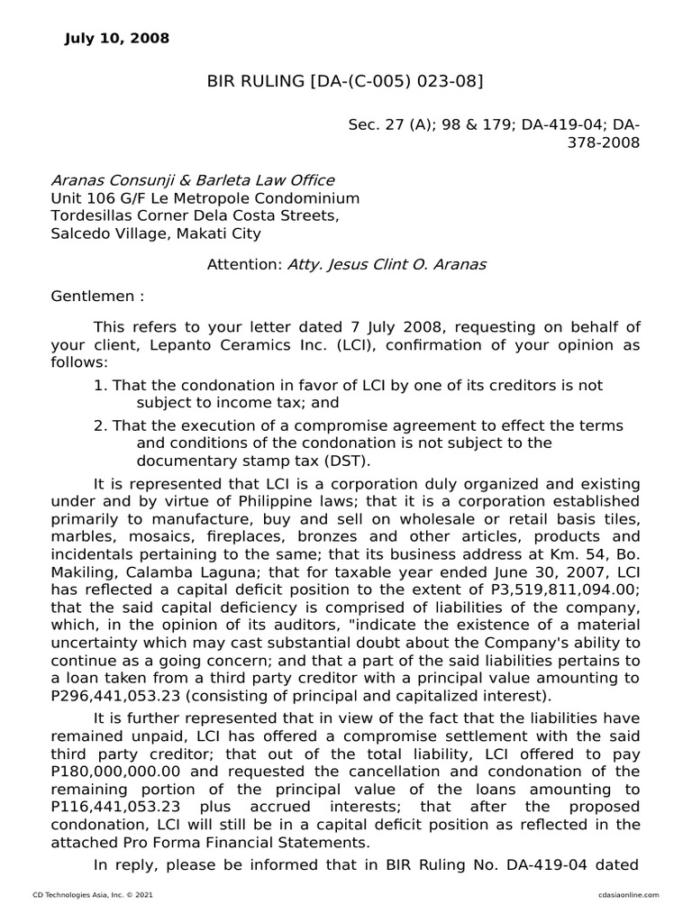 BIR Ruling on LCI Debt Condonation Tax | PDF | Corporations ...