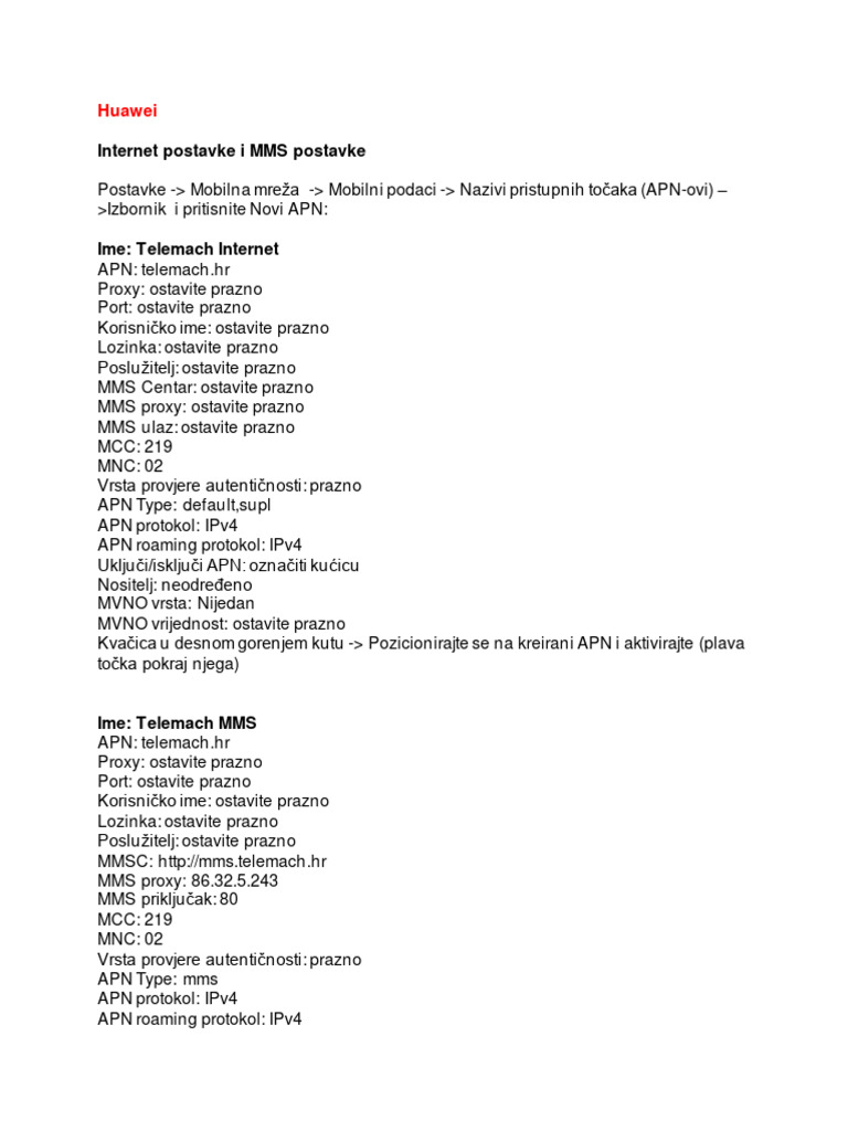 Huawei Postavke Internet MMS | PDF