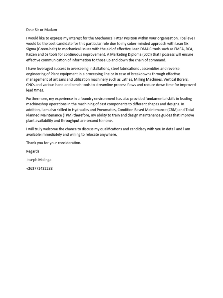 Mechanical Fitter Cover Letter Examples Qwikresume - Free Word Template