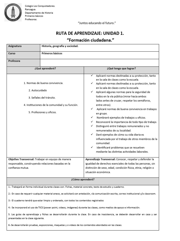 1° Básico Ruta de Aprendizaje Unidad 1 2024 | PDF | Evaluación