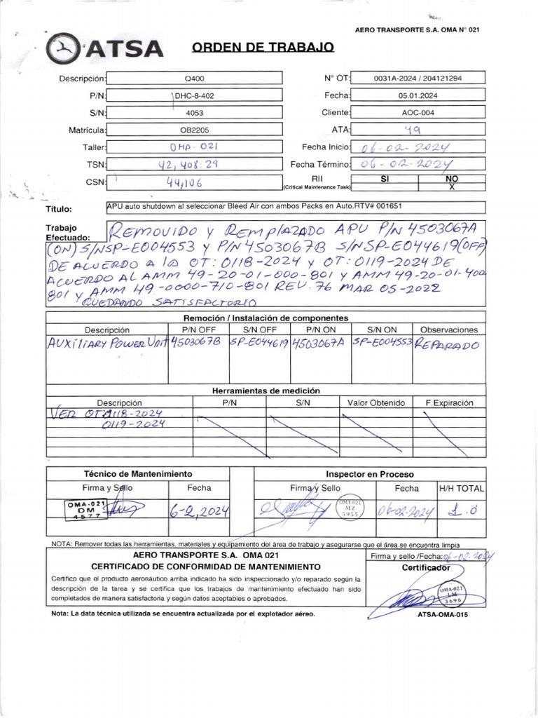 Ot-0031a-2024 Ob2205 Removido y Reemplazado Apu PN 4503067a - 001 | PDF