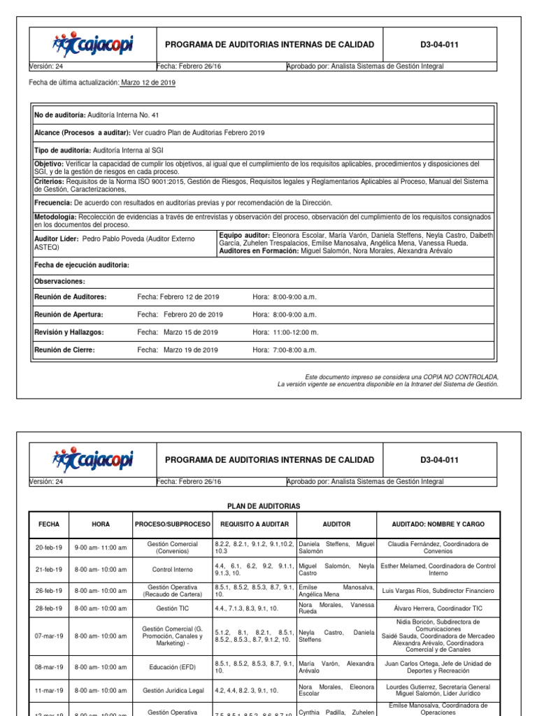 Programa de Auditorias Internas de Calidad | PDF | Auditoría | Contralor