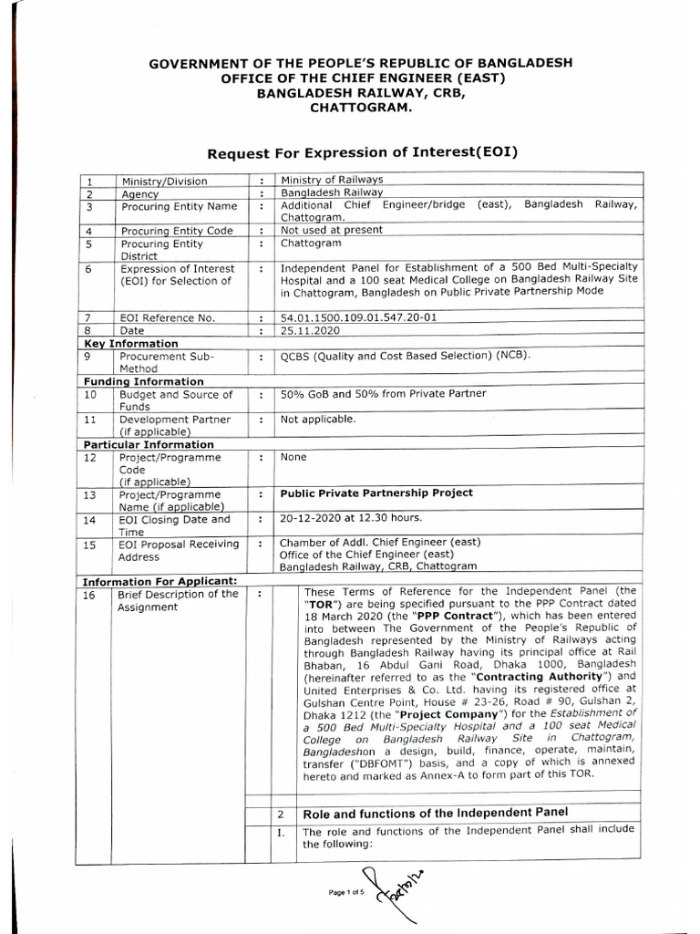 Railway - Independent Panel For PPP CTG Hospital | PDF