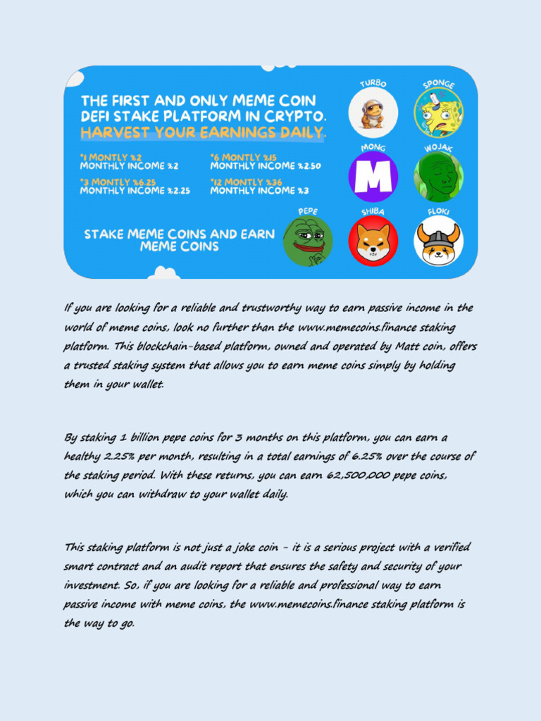 Earn Passive Income with Meme Coin Staking | PDF | Cryptocurrency | Coins