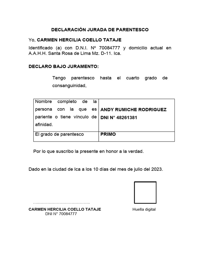 Anexo 7 Declaracion Jurada Parentesco | PDF