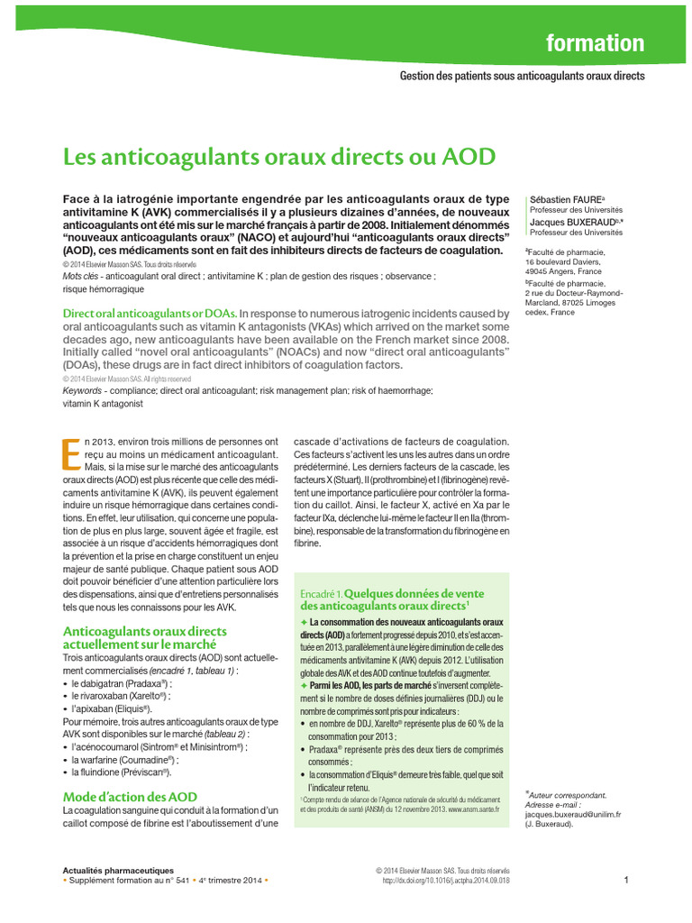 Les Anticoagulants Oraux Directs Ou AOD | PDF | Maladies et troubles ...