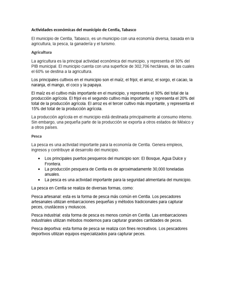 Economía y Cultivos en Centla, Tabasco | PDF | Agricultura | Comida y ...