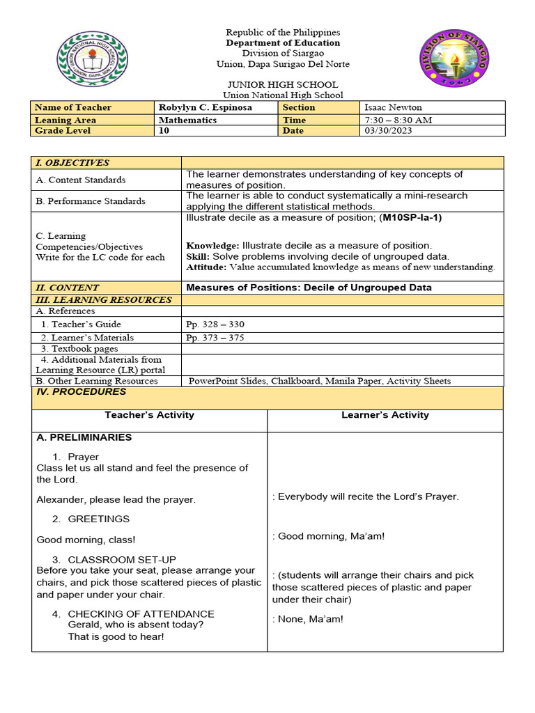 Deciles in Ungrouped Data Lesson Plan | PDF | Quantile | Behavior ...