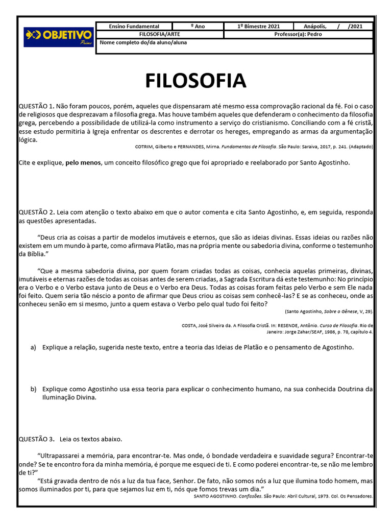 Filosofia 9 Ano | PDF | Tomás de Aquino | Agostinho de Hipona
