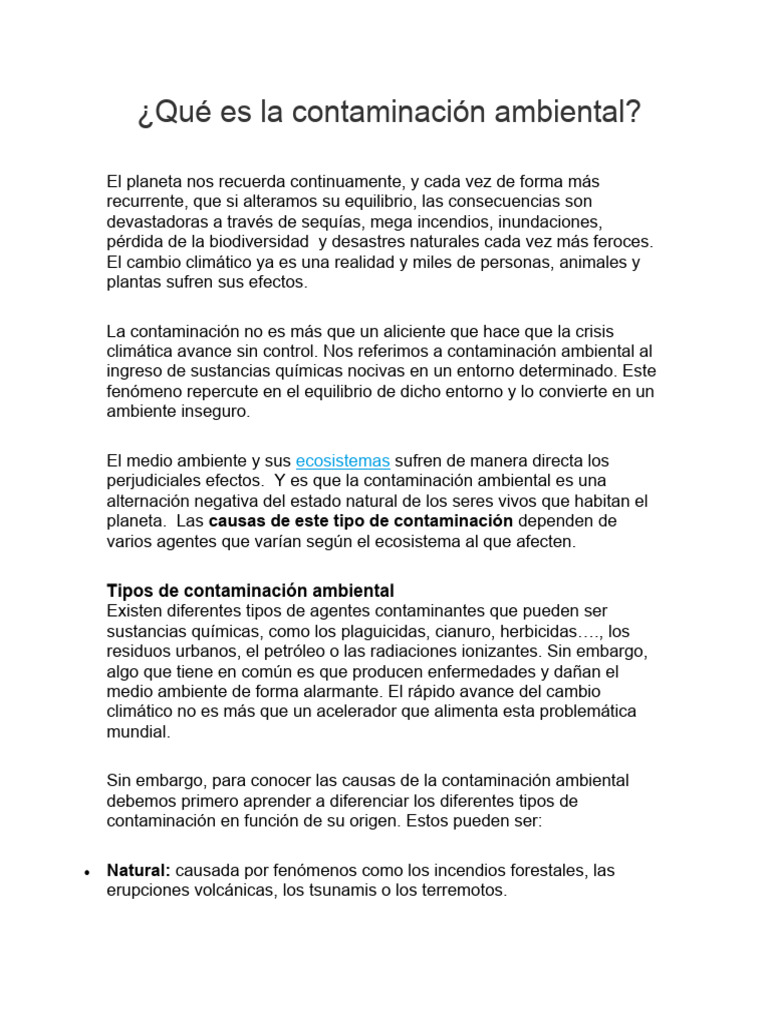 Causas y efectos de la contaminación ambiental | PDF | Contaminación | Agua