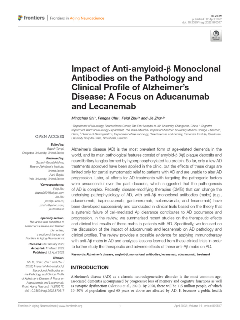 Impact of Anti-Amyloid-b Monoclonal Antibodies On The Pathology and ...