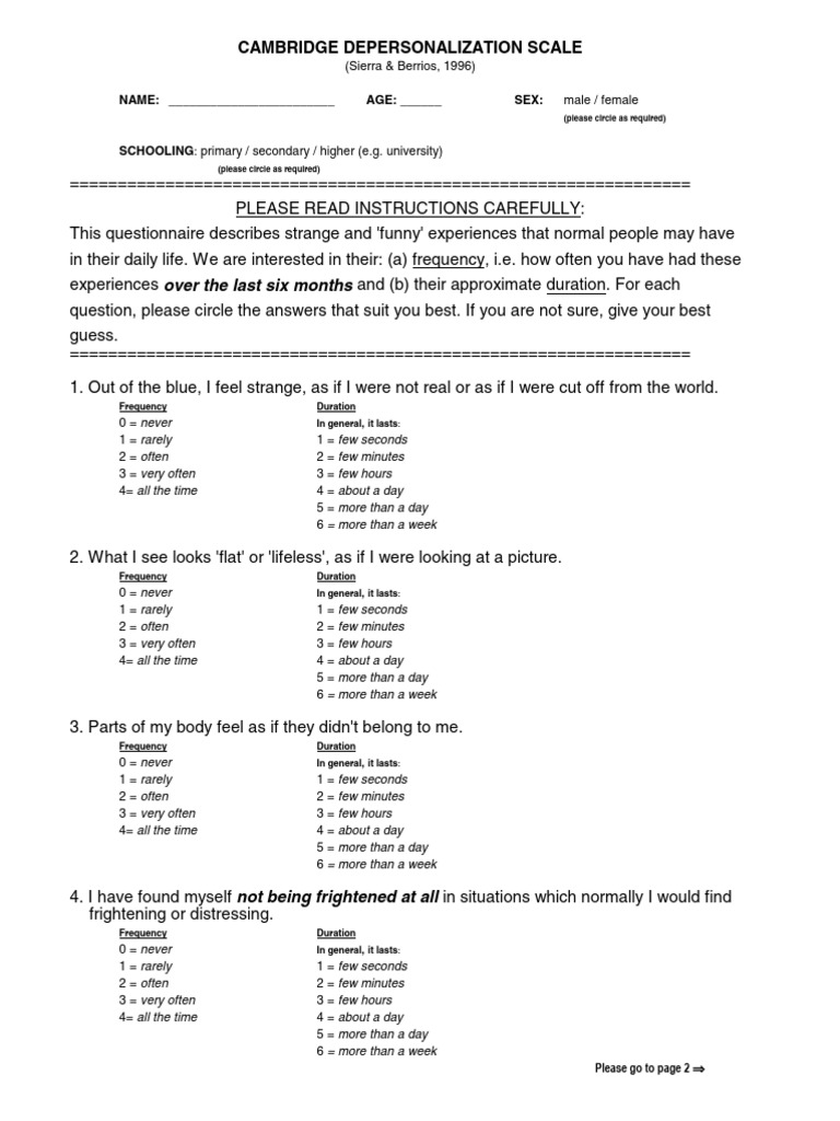 Cambridge Depersonalization Scale Questionnaire | PDF | Experience ...