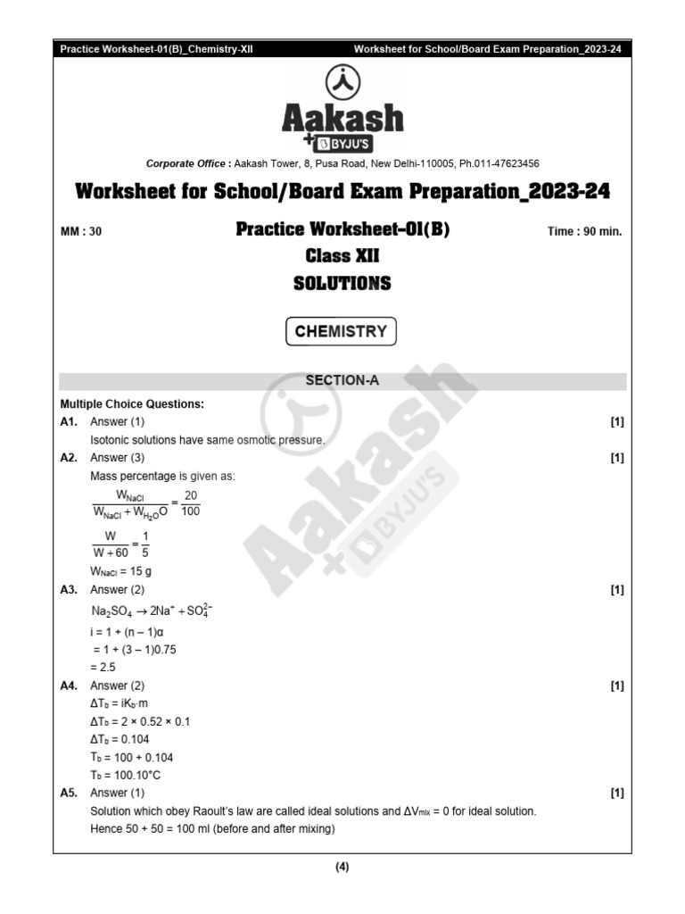 Chemistry XII Exam Practice Worksheet | PDF | Mole (Unit) | Concentration