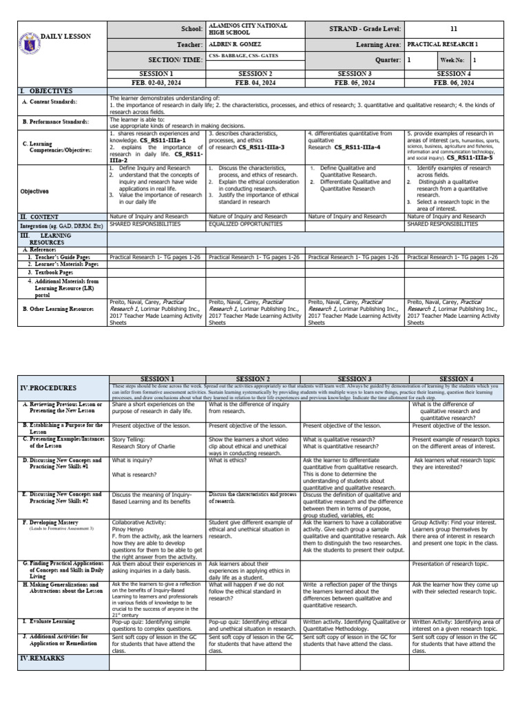 Practical Research 1 Lesson Plan | PDF | Learning | Qualitative Research