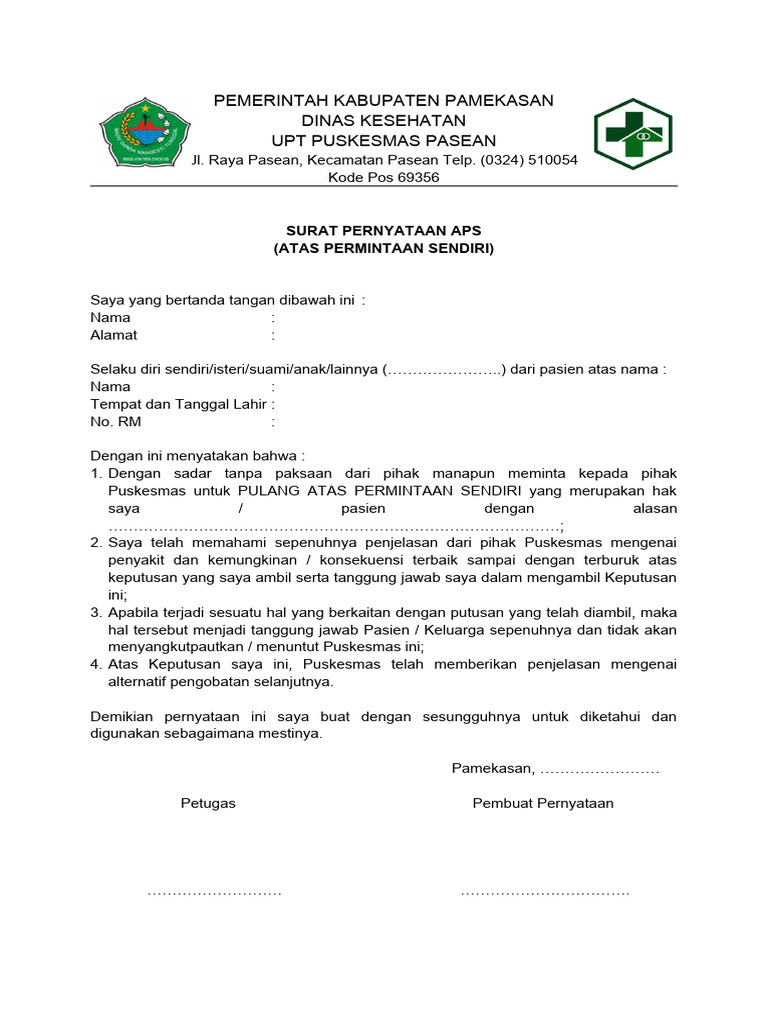 Surat Pernyataan Pulang Sendiri Puskesmas | PDF