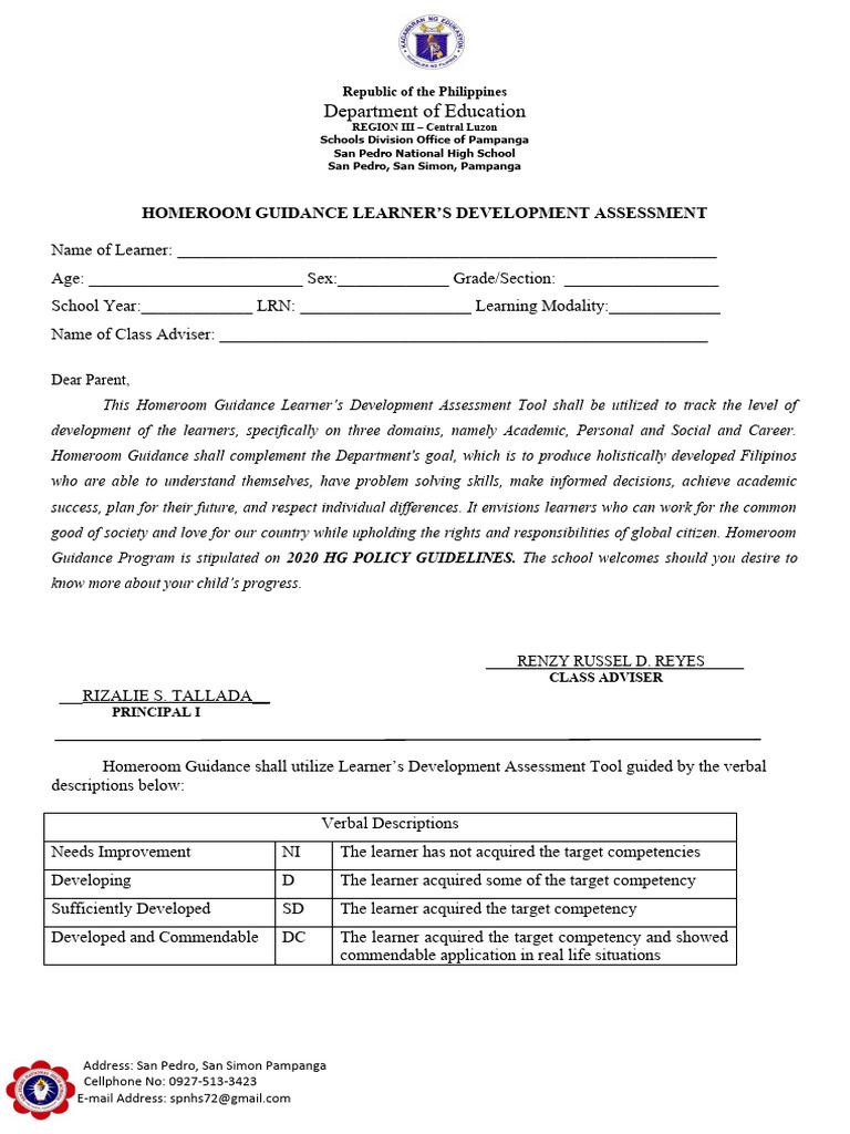 Spnhs Homeroom Guidance Learner Development Assessment Download Free