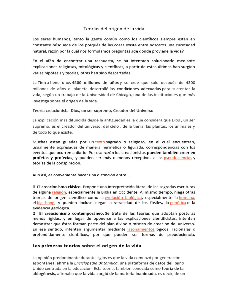 Teorías del origen de la vida | PDF | Abiogénesis | Creacionismo