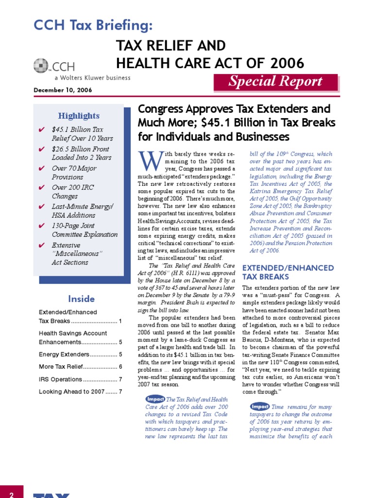 2006 Tax Relief Health Care Tax Deduction Tax Credit