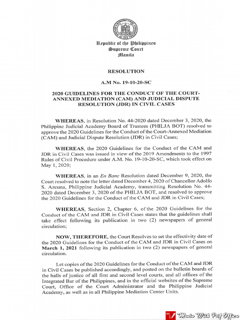 2020 CAM and JDR Guidelines for Civil Cases | PDF | Mediation | Lawsuit