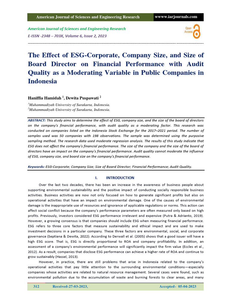 The Effect of ESG-Corporate, Company Size, and Size of Board Director ...