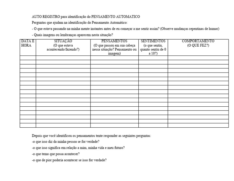 Registro de Pensamentos Automáticos | PDF | Autoajuda