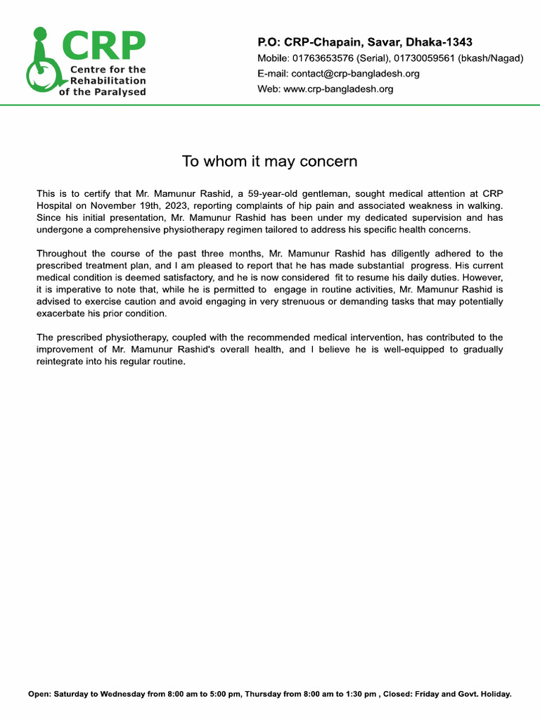 Medical Certification for Mr. Rashid | PDF