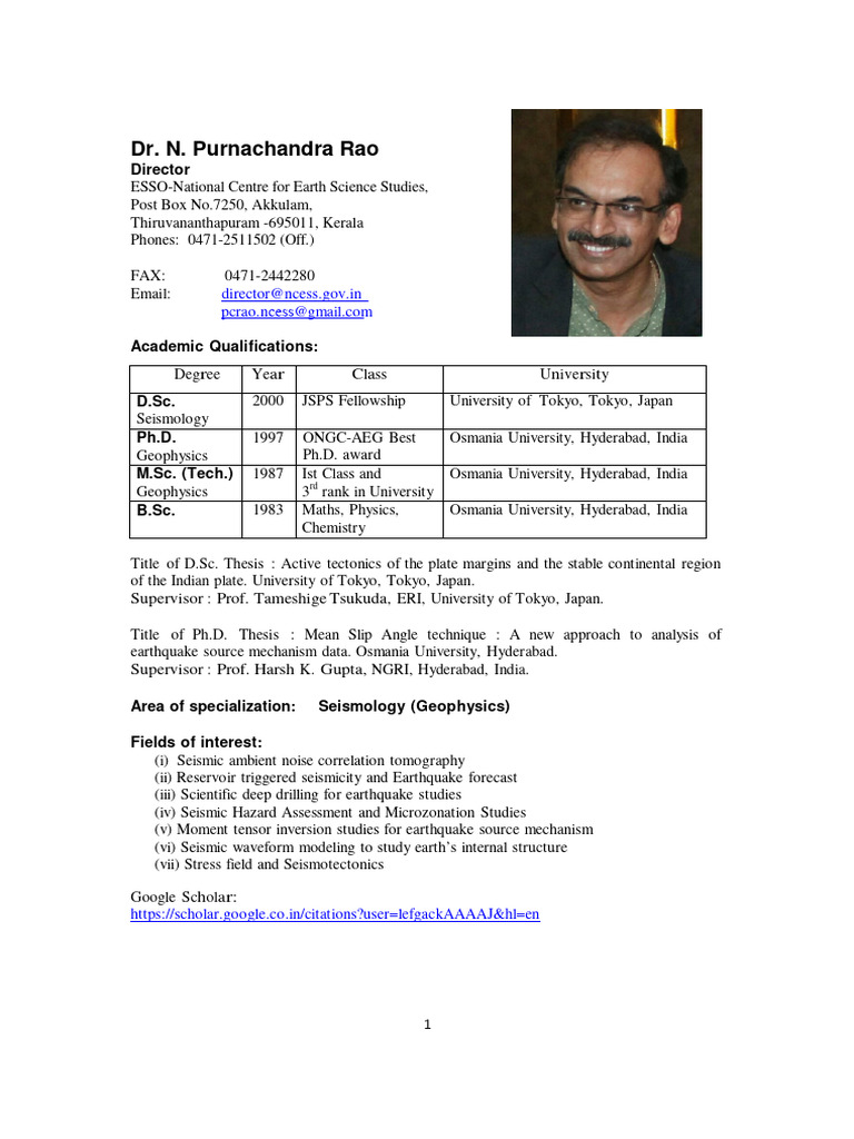 Dr. N. Purnachandra Rao's CV | PDF | Earthquakes | Plate Tectonics