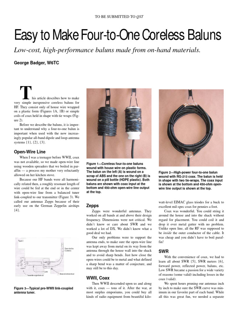 Coreless 4:1 Balun Construction Guide | PDF | Coaxial Cable | Antenna ...