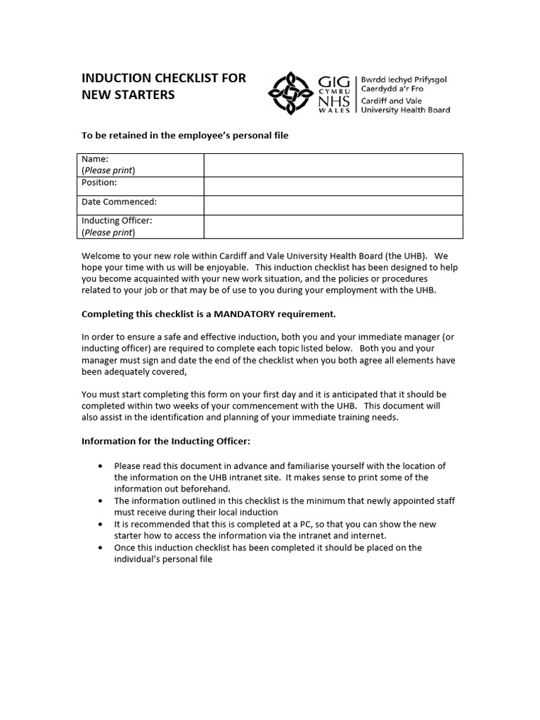 Induction Checklist for New Starters | PDF | Discrimination | Policy