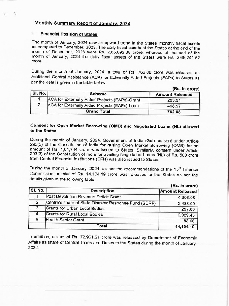 Monthly summary report of department of expenditure for the month of
