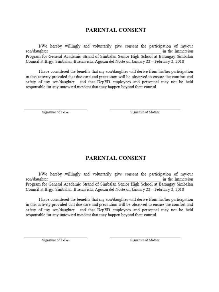 Parent Consent for Work Immersion | PDF | Wellness