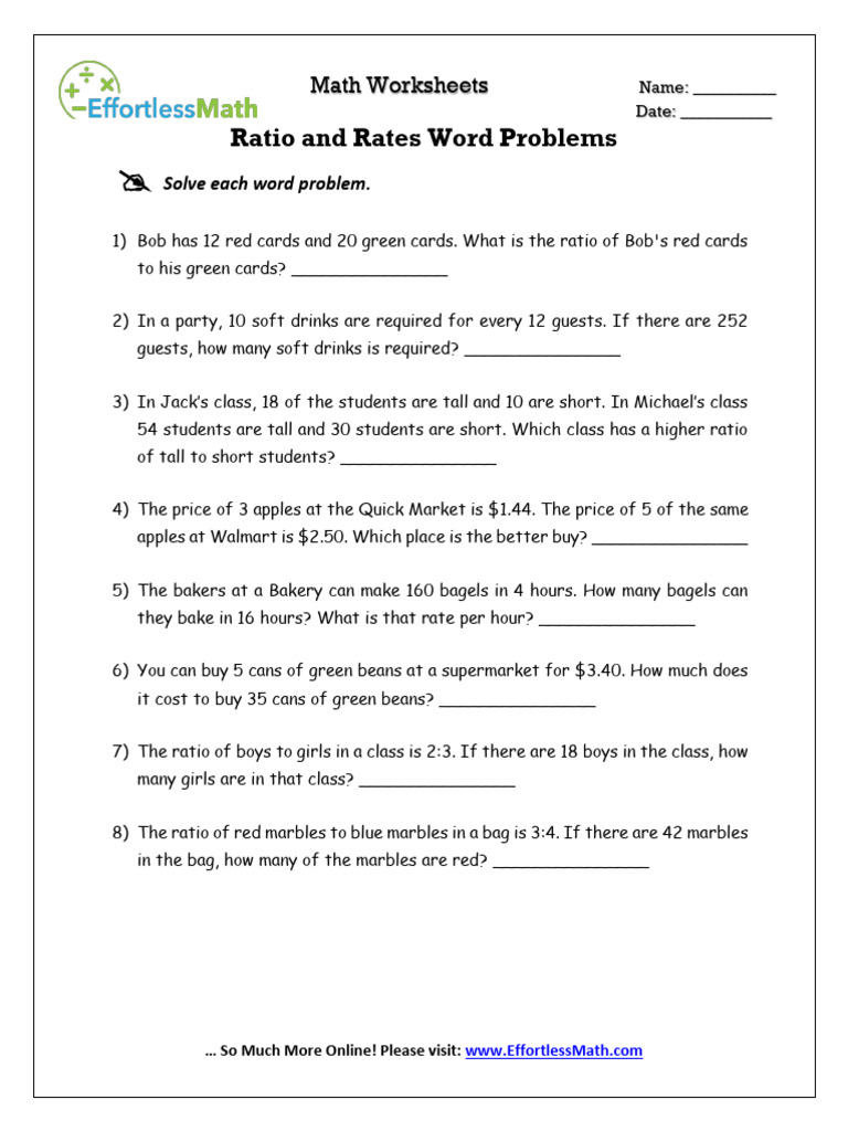 Ratio and Rates Word Problems Worksheet | PDF