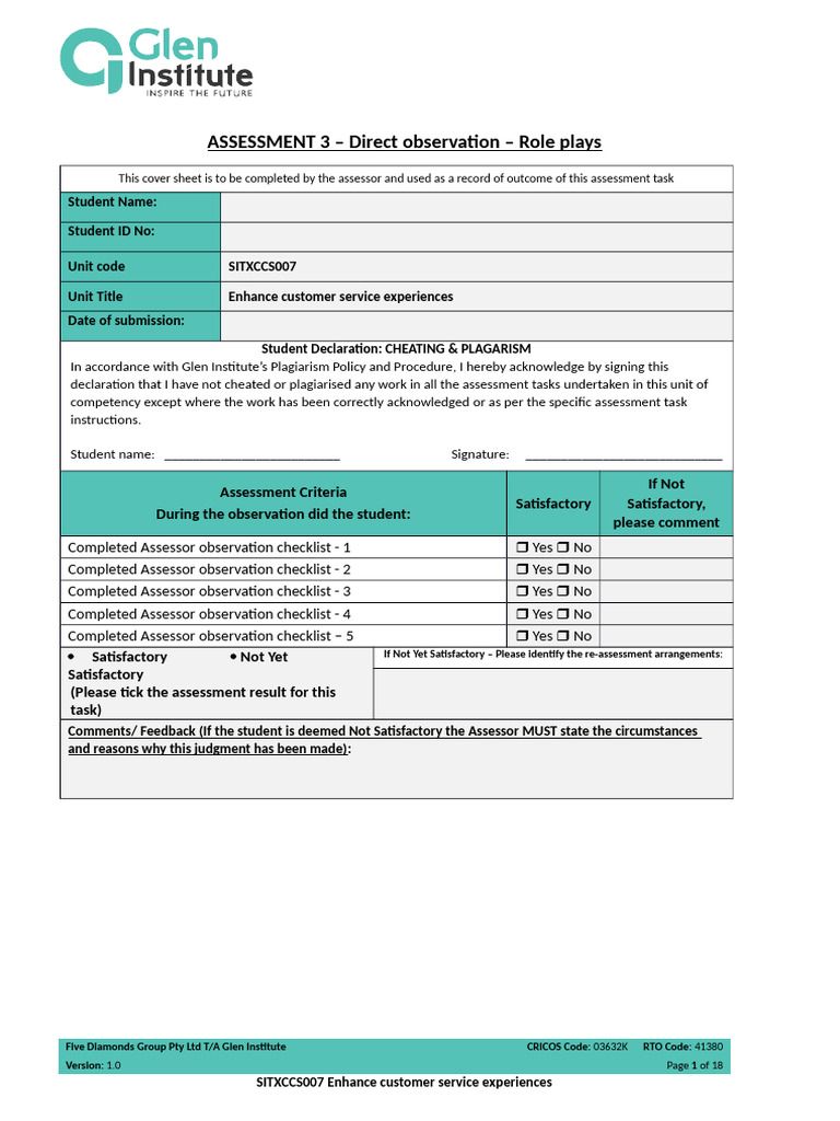 ASSESSMENT 3 SITXCCS007 Enhance Customer Service Experiences | PDF ...