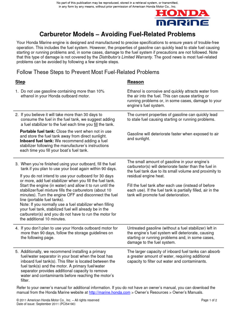 Preventing Honda Outboard Fuel Issues | PDF | Gasoline | Carburetor