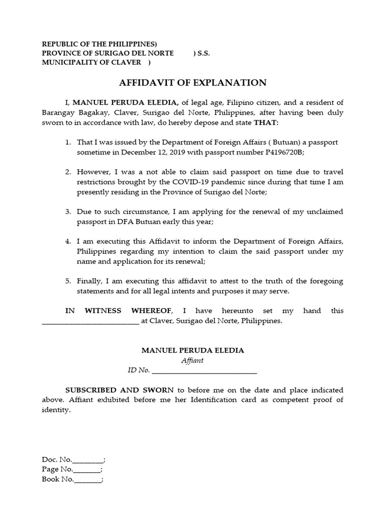 Affidavit of Explanation Unclaimed Passport | PDF | Finance & Money ...