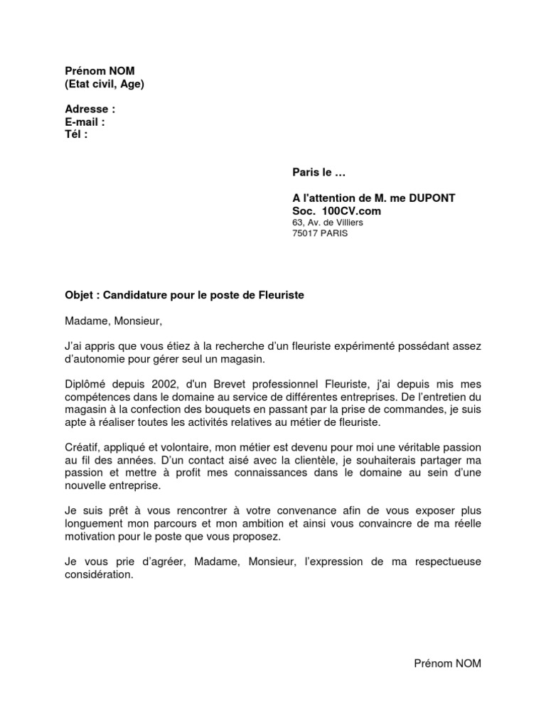 Lettre de motivation boulanger pâtissier - DOC, PDF - page 1 sur 1