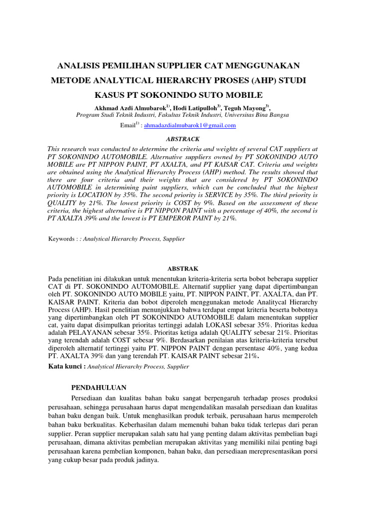 Analisis Pemilihan Supplier Cat AHP | PDF