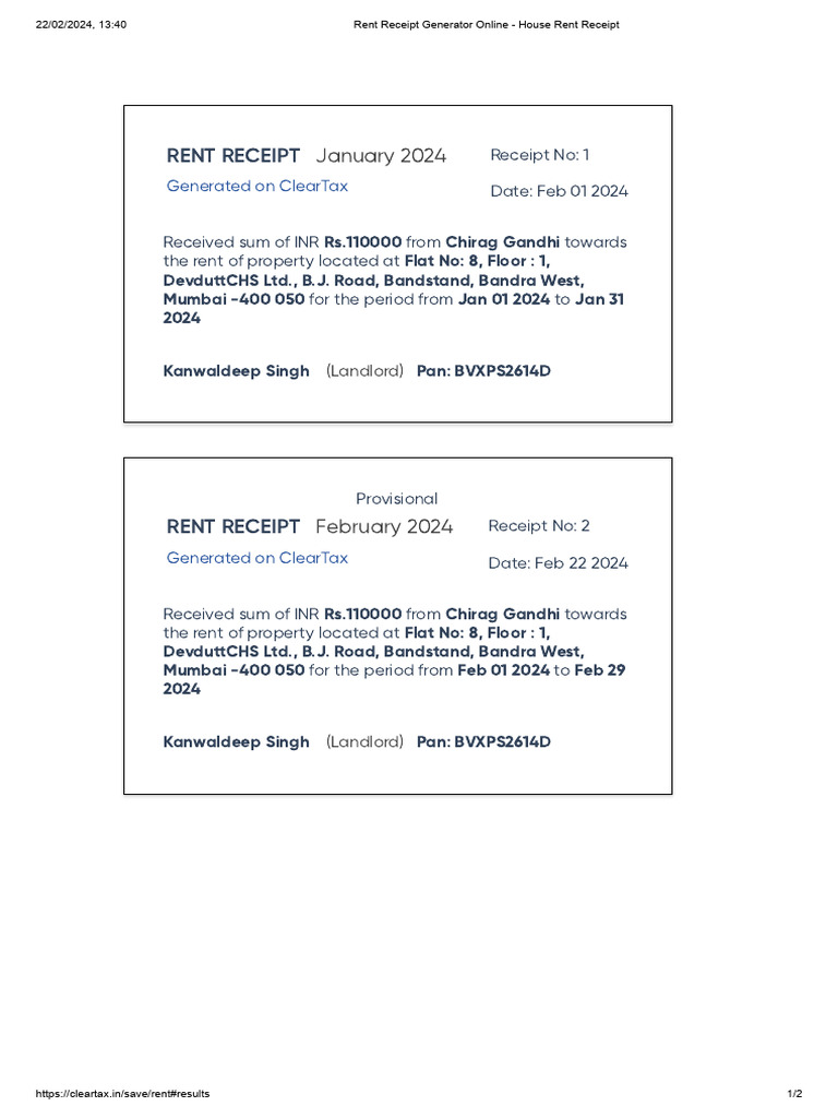 Rent Receipt Generator Online House Rent Receipt CHIRAG 2 PDF