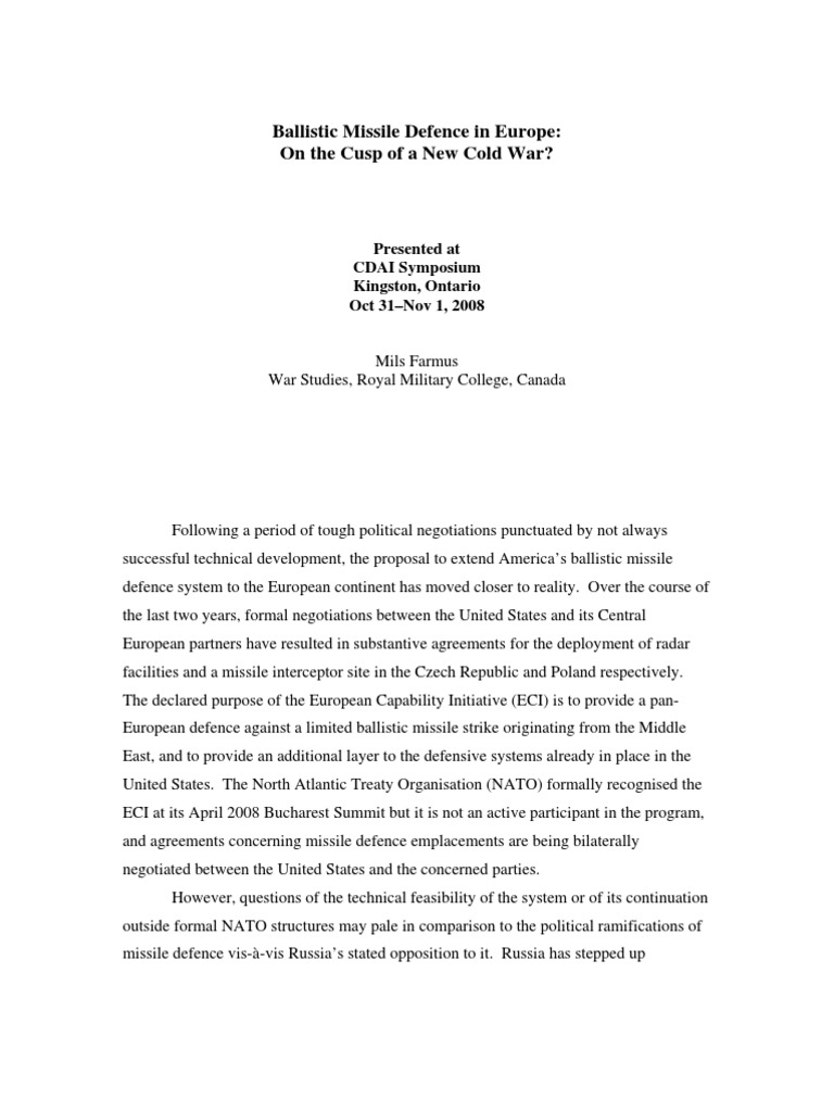 Ballistic Missile Defence in Europe-On The Cusp of A New Cold War | PDF ...