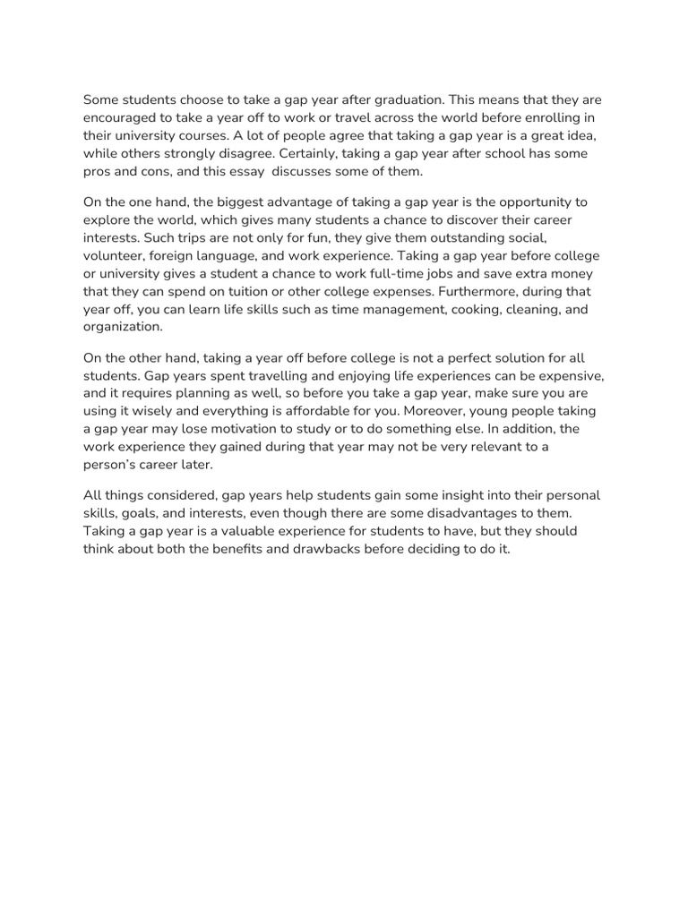 Pros and Cons of Taking a Gap Year | PDF | Career & Growth | Wellness