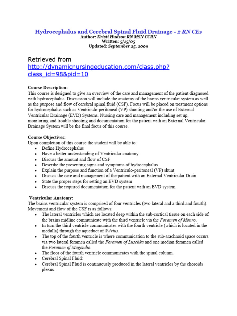 Hydrocephalus and Cerebral Spinal Fluid Drainage | PDF | Cerebrospinal ...